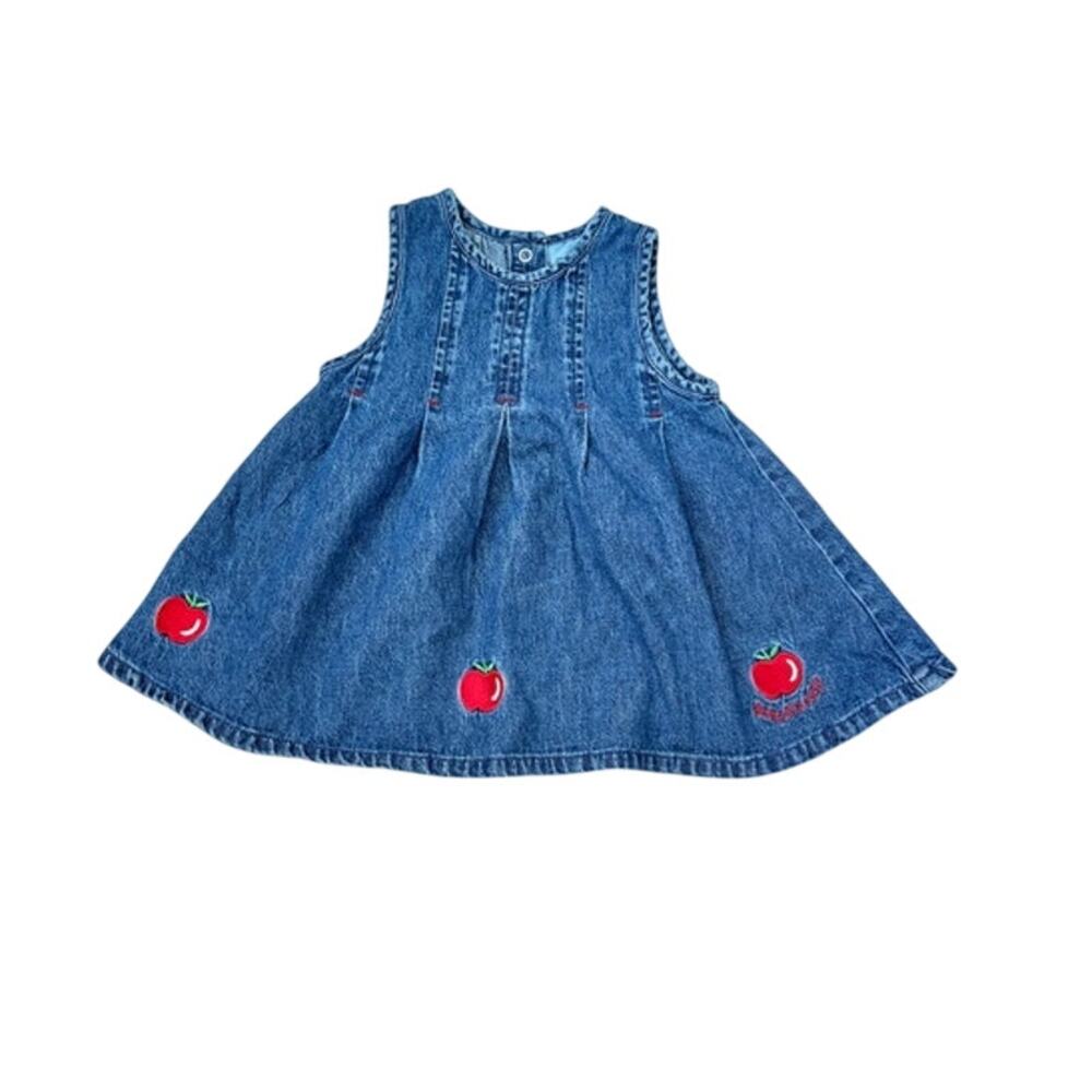 NWOT Vintage Baby Girl Baby B'Gosh Denim Apple Embroidery Dress Size 12 Months